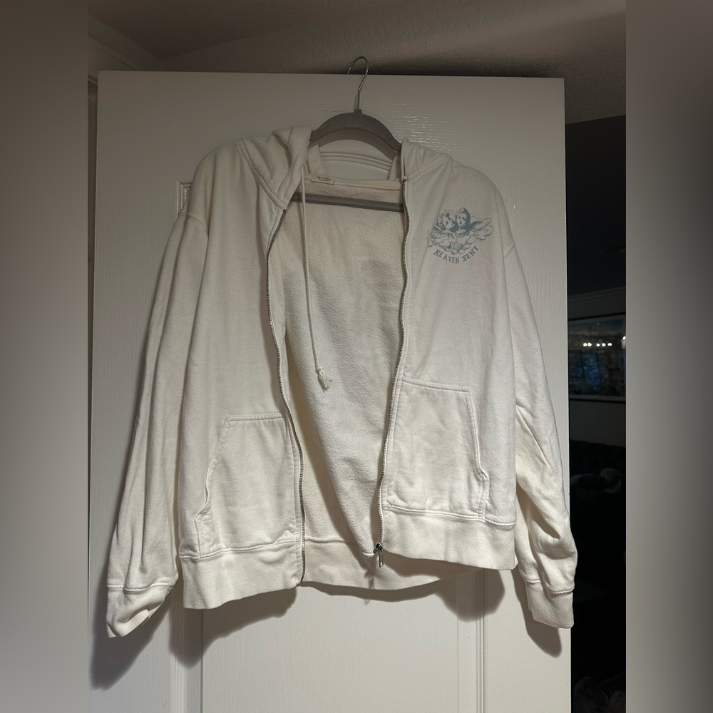 Brandy Melville “Heaven Sent” white zip up hoodie